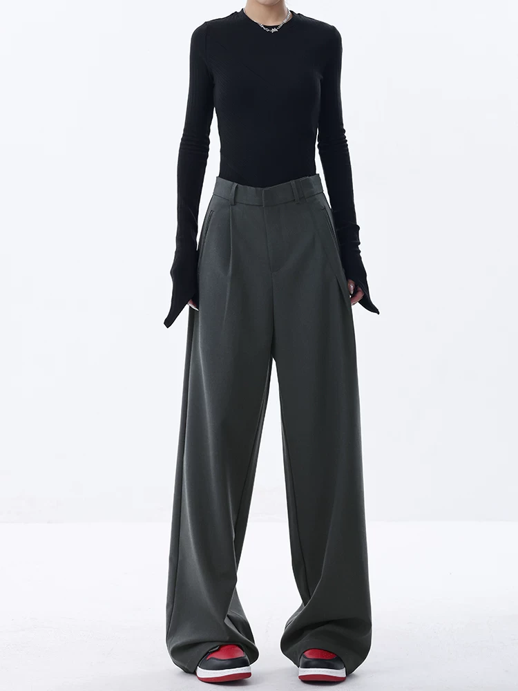 KEN STUDIO thiết kế độc đáo quần tây ống đứng màu xám đậm dành cho nữ, quần ống rộng dáng rộng, dáng rộng, dáng rộng