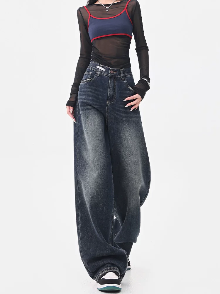 Quần jean ống rộng màu xanh đậm phong cách retro mùa hè và mùa thu của KEN STUDIO dành cho nữ, quần dài dáng rộng và tôn dáng thông thường