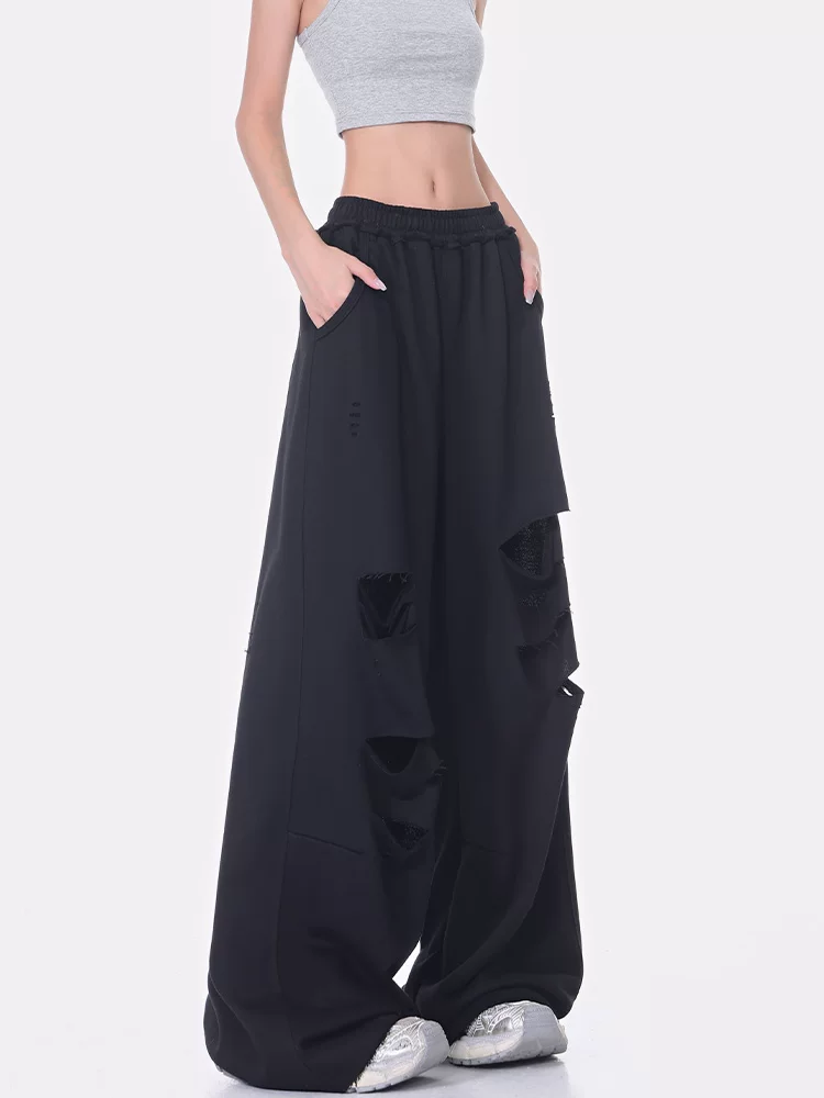 KEN STUDIO mùa hè mới quần thể thao xẻ tà màu đen quần thể thao thường ngày quần ống rộng lưng cao dành cho nữ