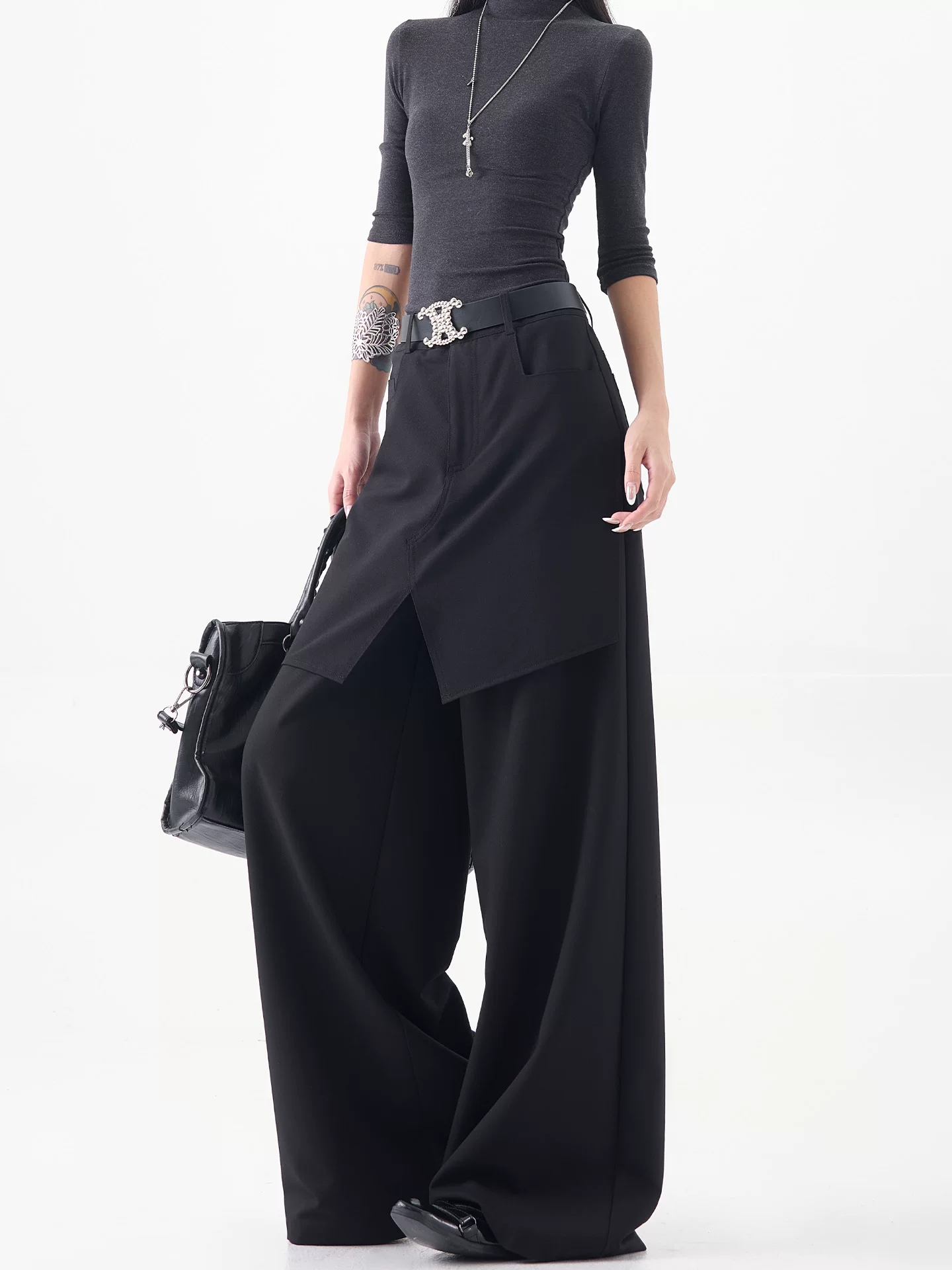 Quần tây ống rộng thiết kế chắp vá màu đen của KEN STUDIO dành cho nữ, quần dài ống đứng dáng rộng, dáng suông, dài đến sàn