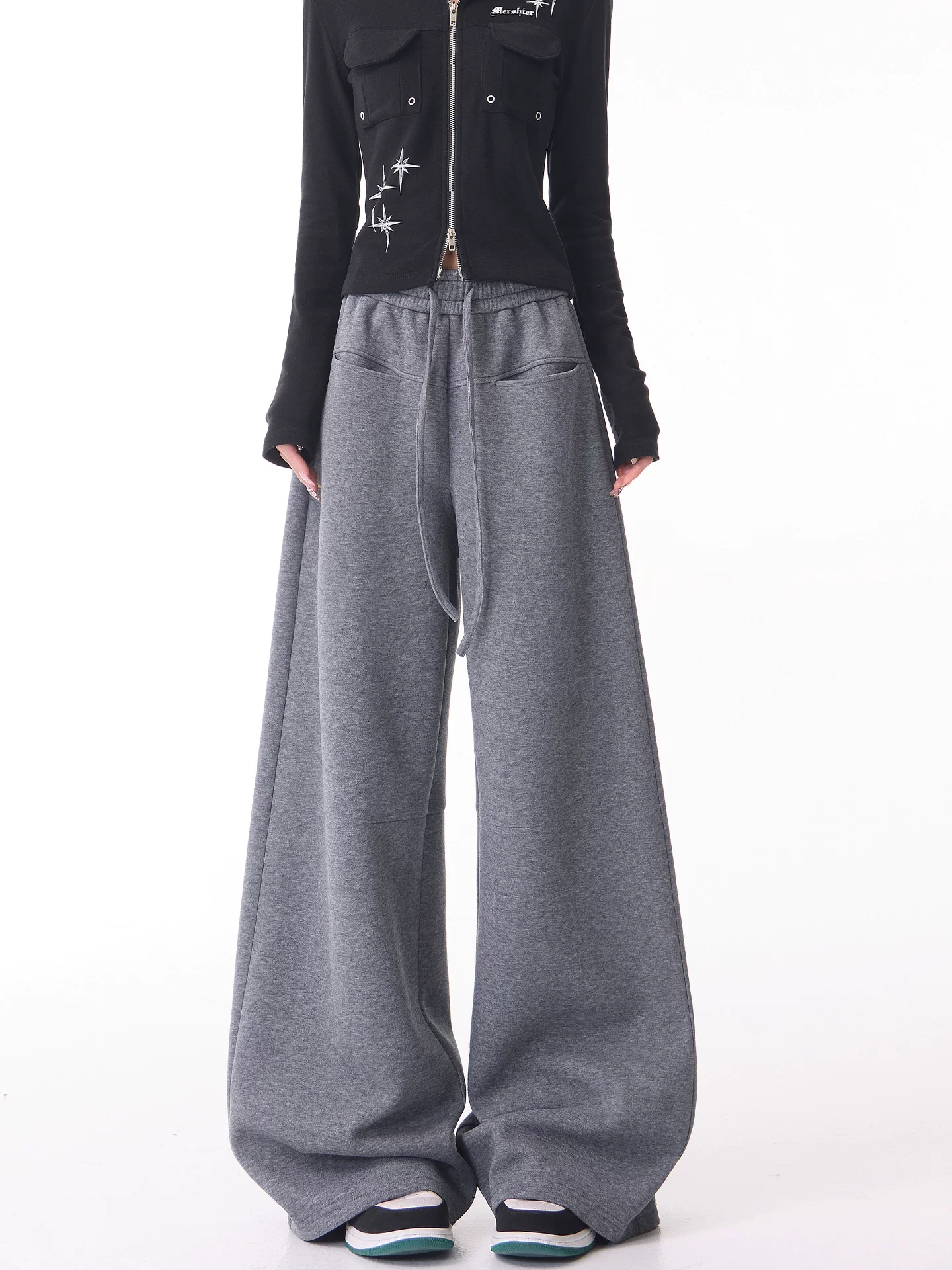 KEN STUDIO quần thể thao ống rộng màu xám dày dặn mới dành cho nữ, quần ống rộng có dây rút lưng cao, quần thường ngày.