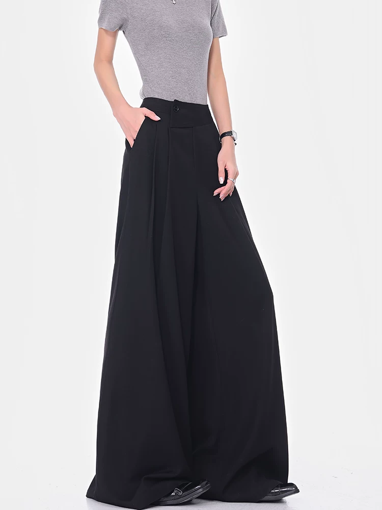 KEN STUDIO Xuân Thu Quần dài ống rộng màu đen mới dành cho nữ Quần dài ống rộng lưng cao đa năng Quần dài ống rộng dài đến sàn