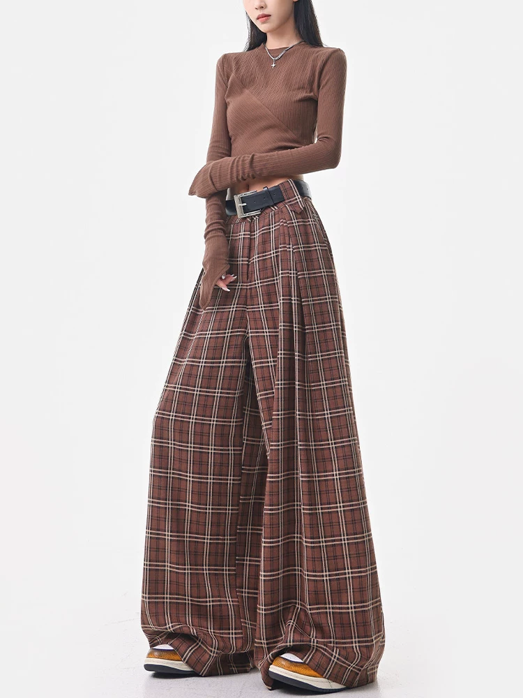 KEN STUDIO quần âu kẻ sọc màu cà phê cổ điển mới mùa hè và mùa thu dành cho nữ, quần cạp cao, dáng rộng, quần kiểu dáng ôm dáng.