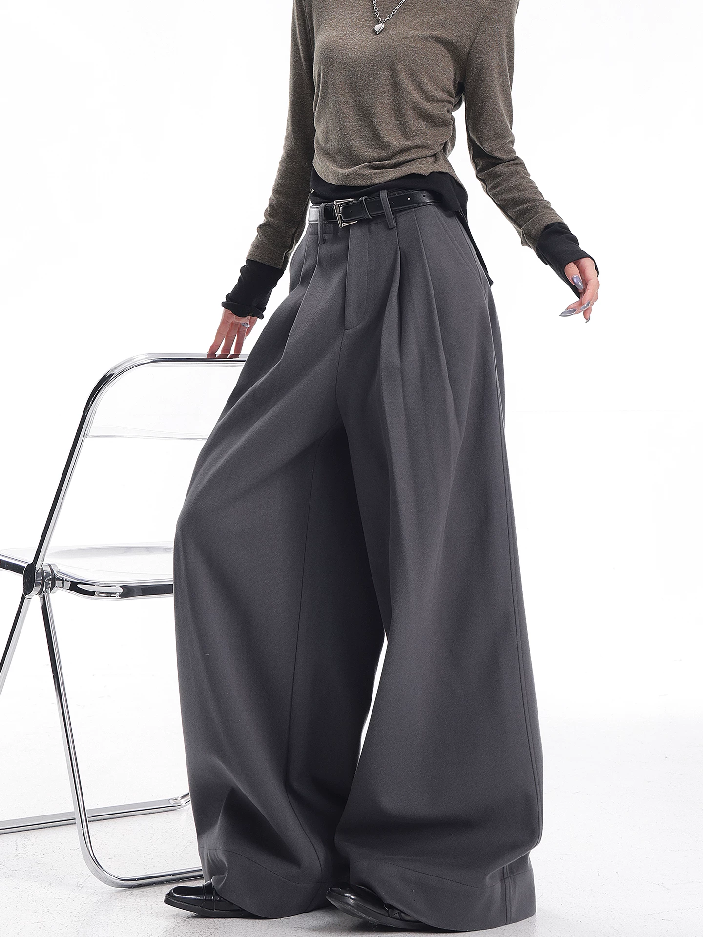 KEN STUDIO Quần tây ống rộng màu xám thu đông mới dành cho nữ, chất liệu len dày, quần dài dáng rộng cao cấp