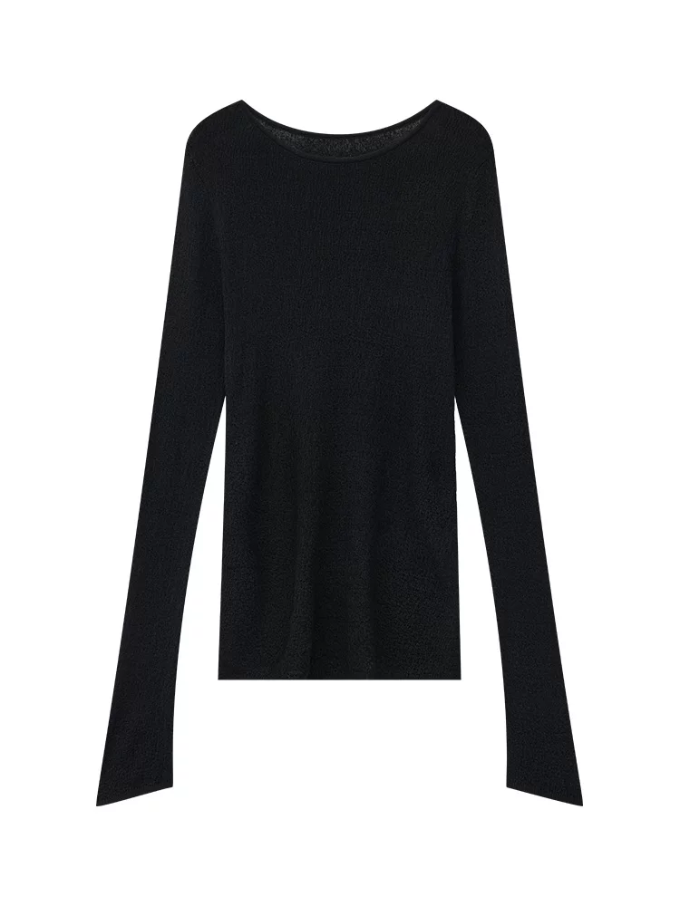 KEN STUDIO Áo thun dài tay cổ tròn màu đen mới mùa xuân thu dành cho nữ, áo dệt kim bên trong vừa vặn