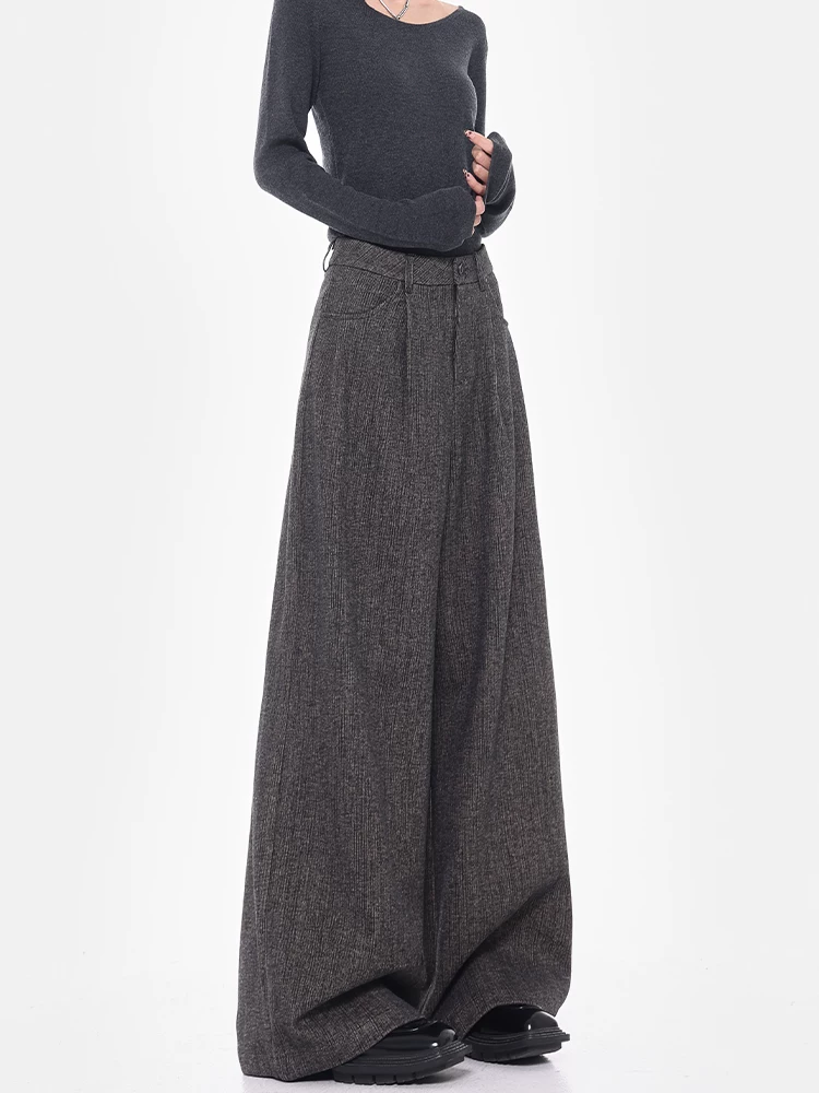 Quần tây ống rộng màu xám dày mùa thu đông của KEN STUDIO dành cho nữ, quần dài dáng rộng ống thẳng đa năng, dáng rộng, dài đến sàn