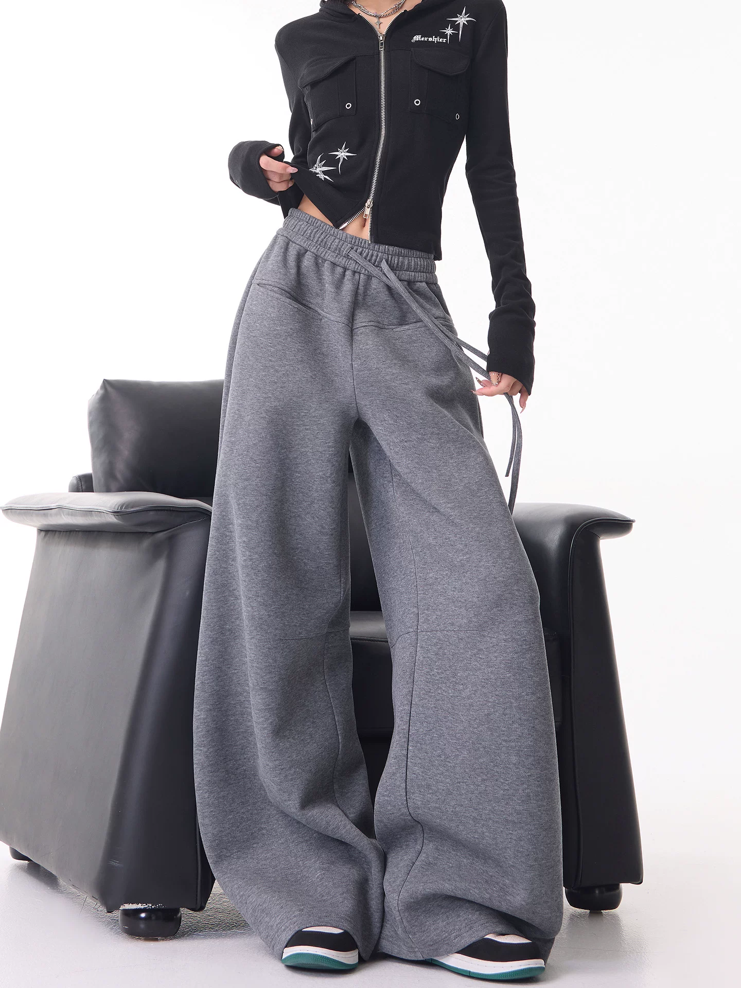 KEN STUDIO quần thể thao ống rộng màu xám dày dặn mới dành cho nữ, quần ống rộng có dây rút lưng cao, quần thường ngày.