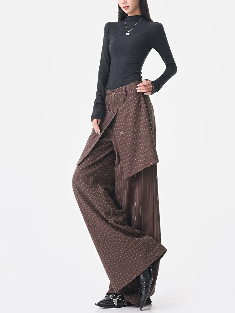 KEN STUDIO Quần dài xếp nếp sọc mùa hè và mùa thu mới dành cho nữ với thiết kế độc đáo quần ống rộng thẳng