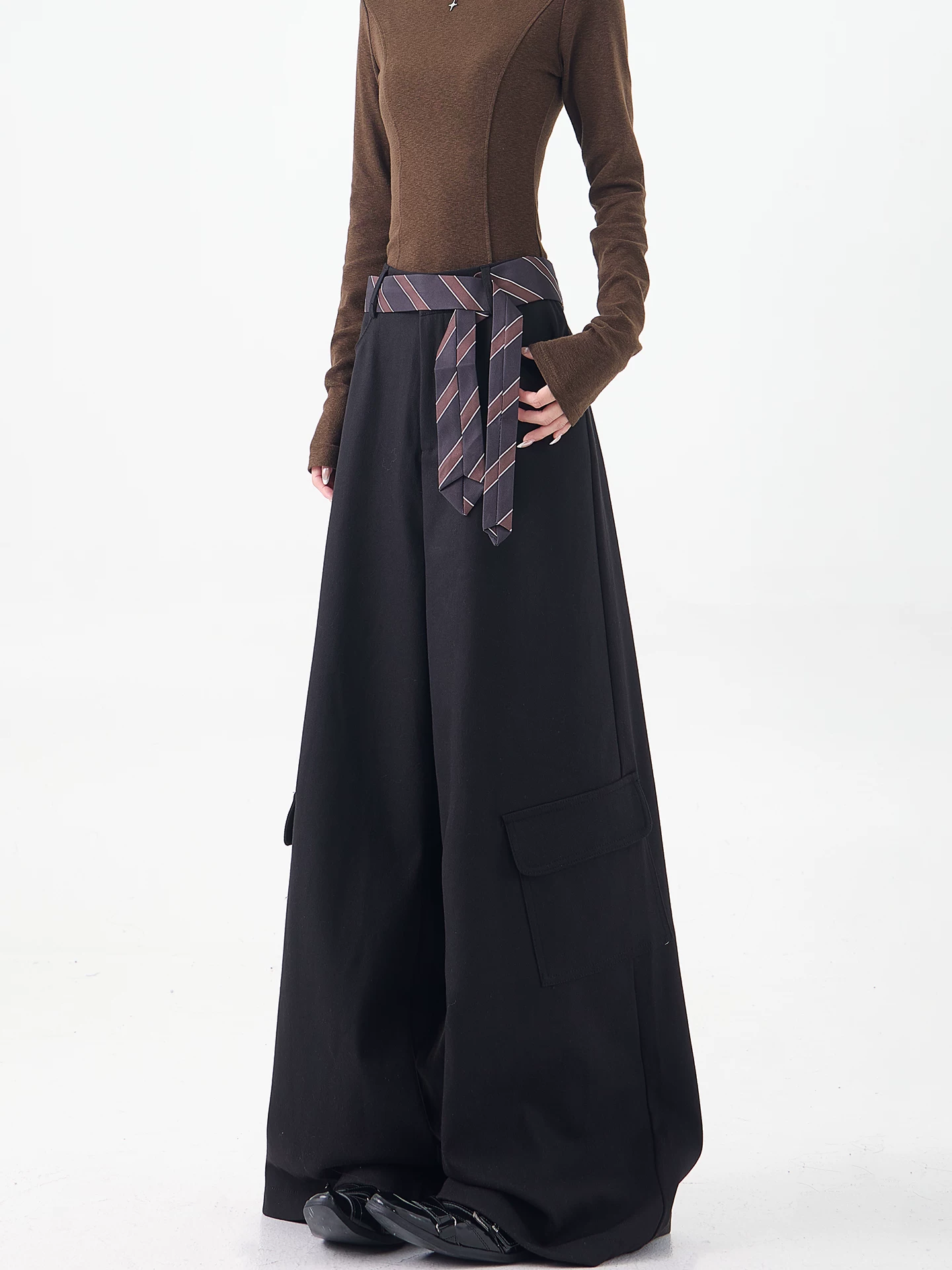 KEN STUDIO mùa thu đông mới màu đen dày dặn quần âu thường ngày dành cho nữ quần ống rộng lưng cao thẳng dáng rộng