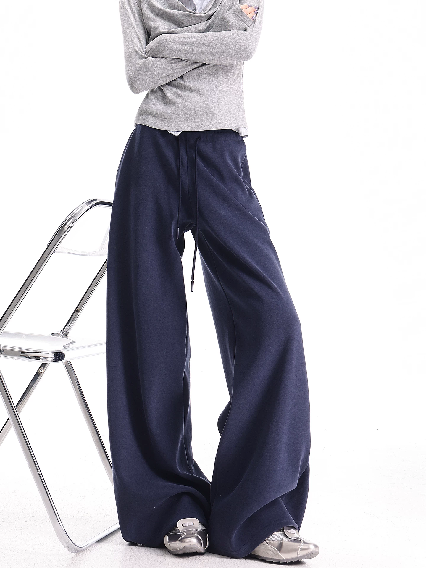 KEN STUDIO Quần thể thao dáng rộng màu xanh lam phong cách Mỹ mới dành cho nữ, có lót lông cừu, dày dặn, quần thể thao ống rộng