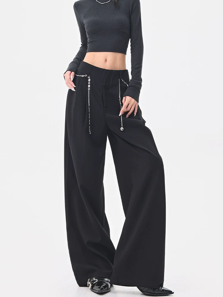 KEN STUDIO quần âu ống rộng màu đen giảm béo mùa hè và mùa thu mới dành cho nữ, quần âu xếp nếp cao cấp, quần thường ngày