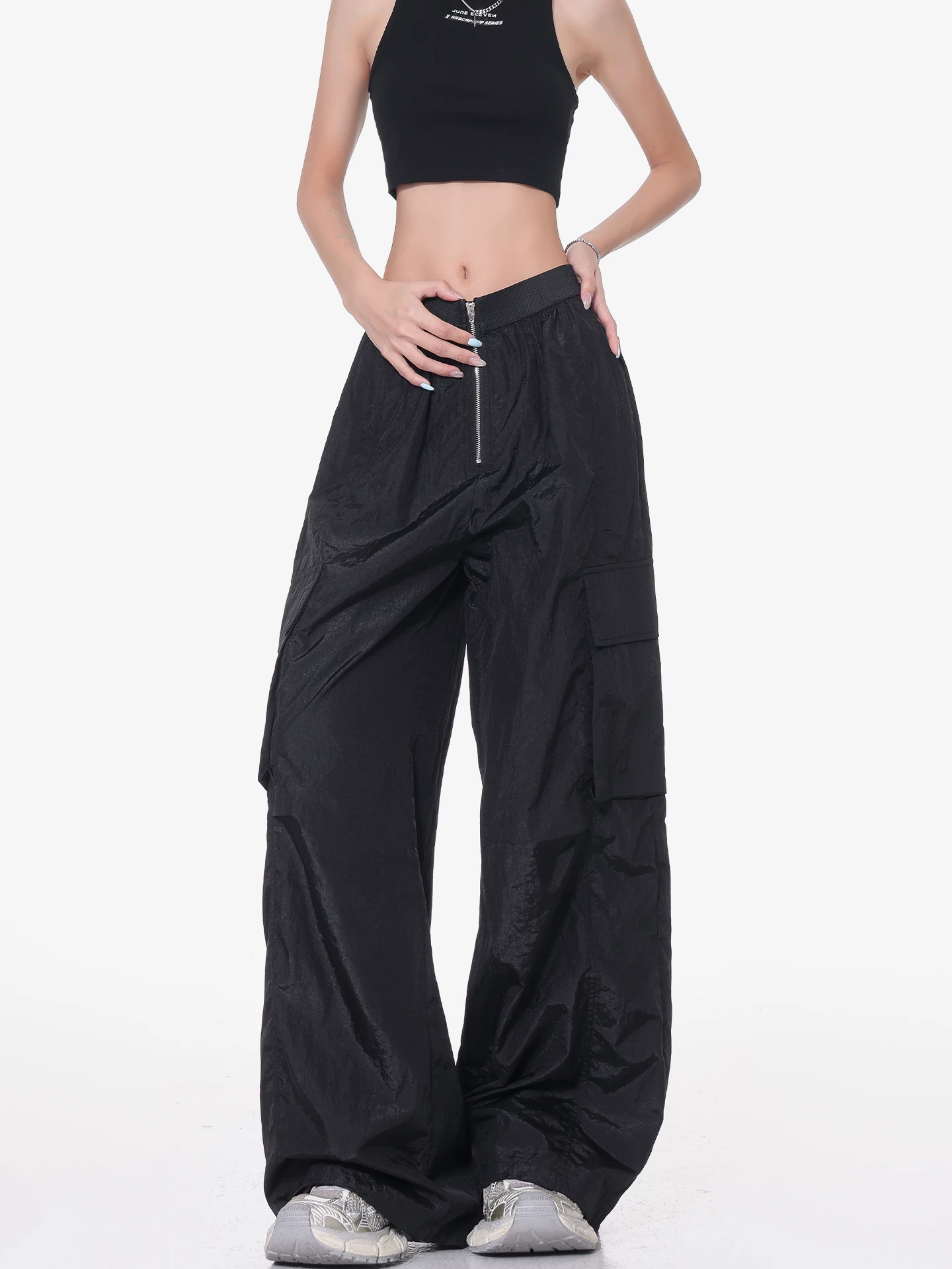 KEN STUDIO mùa hè mới quần cargo mỏng màu đen dành cho nữ có lưng thun, quần ống rộng, quần ống rộng lưng cao, quần thường ngày rộng rãi