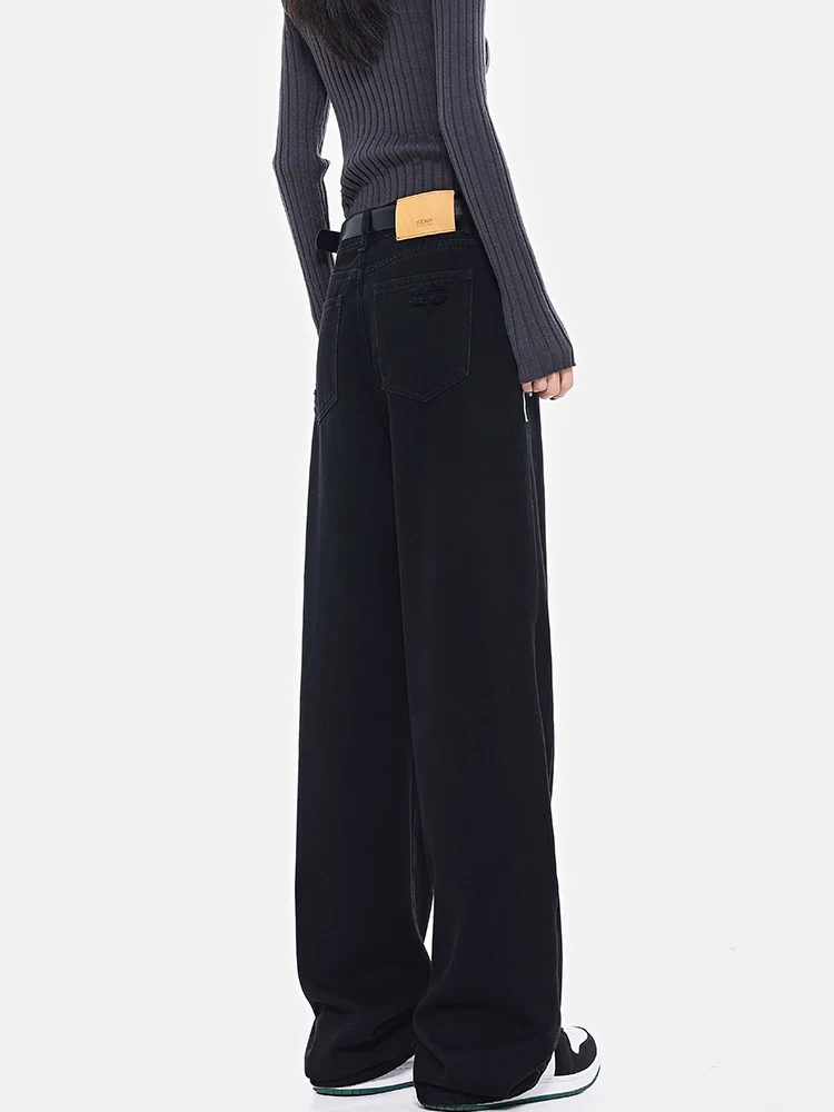 Quần jean đen KEN STUDIO dành cho nữ, quần ống rộng dáng rộng lưng cao kiểu dáng cổ điển mới mùa xuân thu.