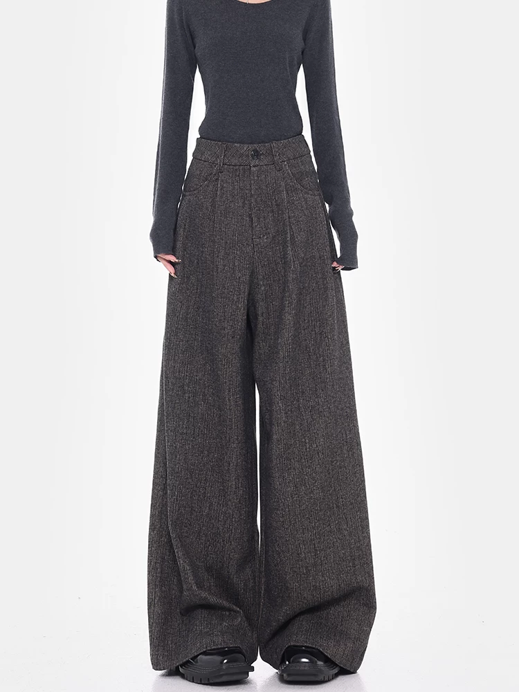 Quần tây ống rộng màu xám dày mùa thu đông của KEN STUDIO dành cho nữ, quần dài dáng rộng ống thẳng đa năng, dáng rộng, dài đến sàn