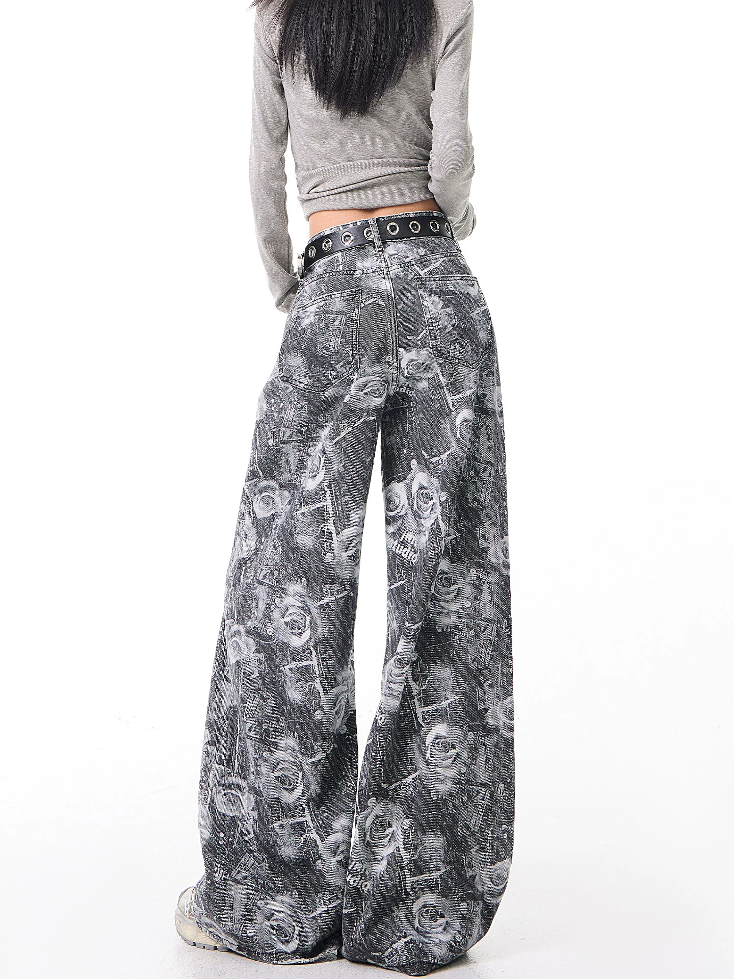 KEN STUDIO thiết kế cổ điển quần jean in hoa hồng dành cho nữ mùa xuân thu quần ống rộng lưng cao mới