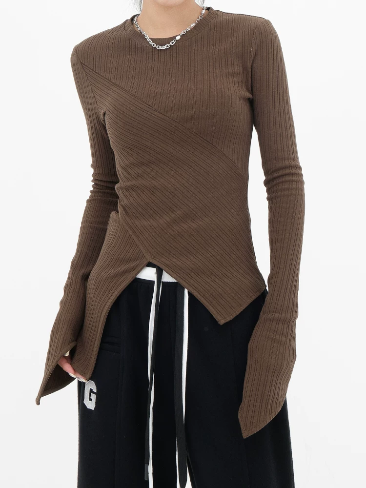 Áo thun dài tay thu đông mới lấy cảm hứng từ thiết kế của KEN STUDIO dành cho nữ, áo dệt kim ôm sát dáng suông không đều, áo lót.