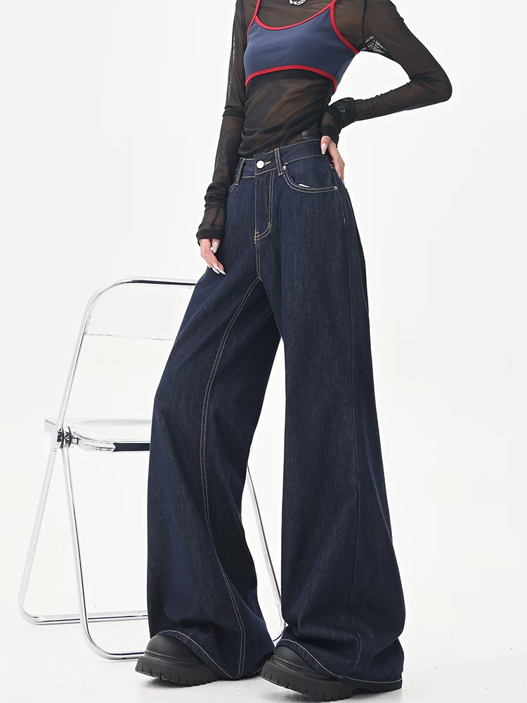 KEN STUDIO Quần jean ống rộng màu xanh đậm theo phong cách retro của Mỹ dành cho nữ, quần ống rộng cạp cao kiểu dáng mùa hè mới, quần ống rộng dáng thẳng