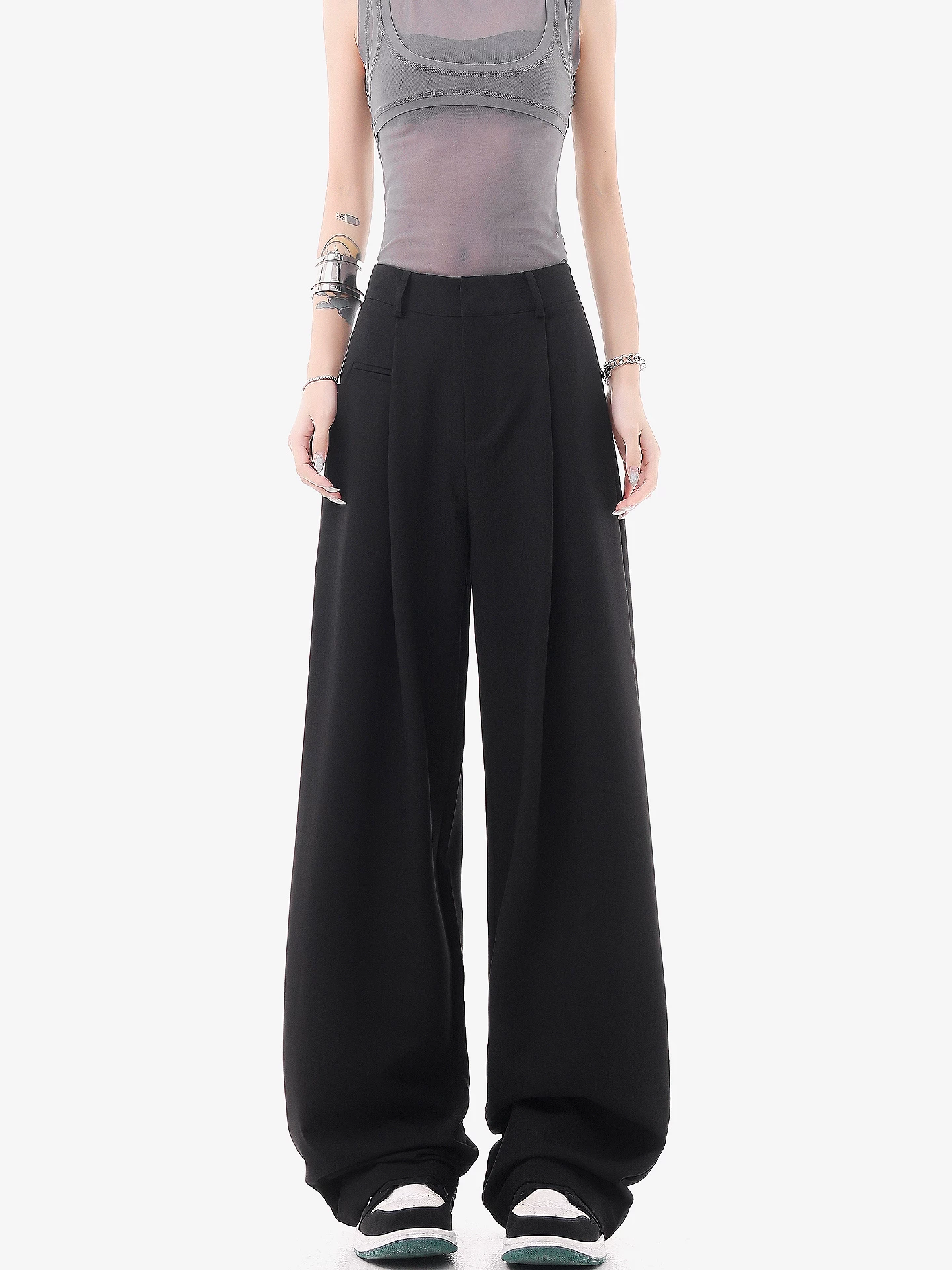 KEN STUDIO quần vest đen mới mùa hè dành cho nữ với thiết kế xếp nếp, quần ống đứng thông thường, quần âu.