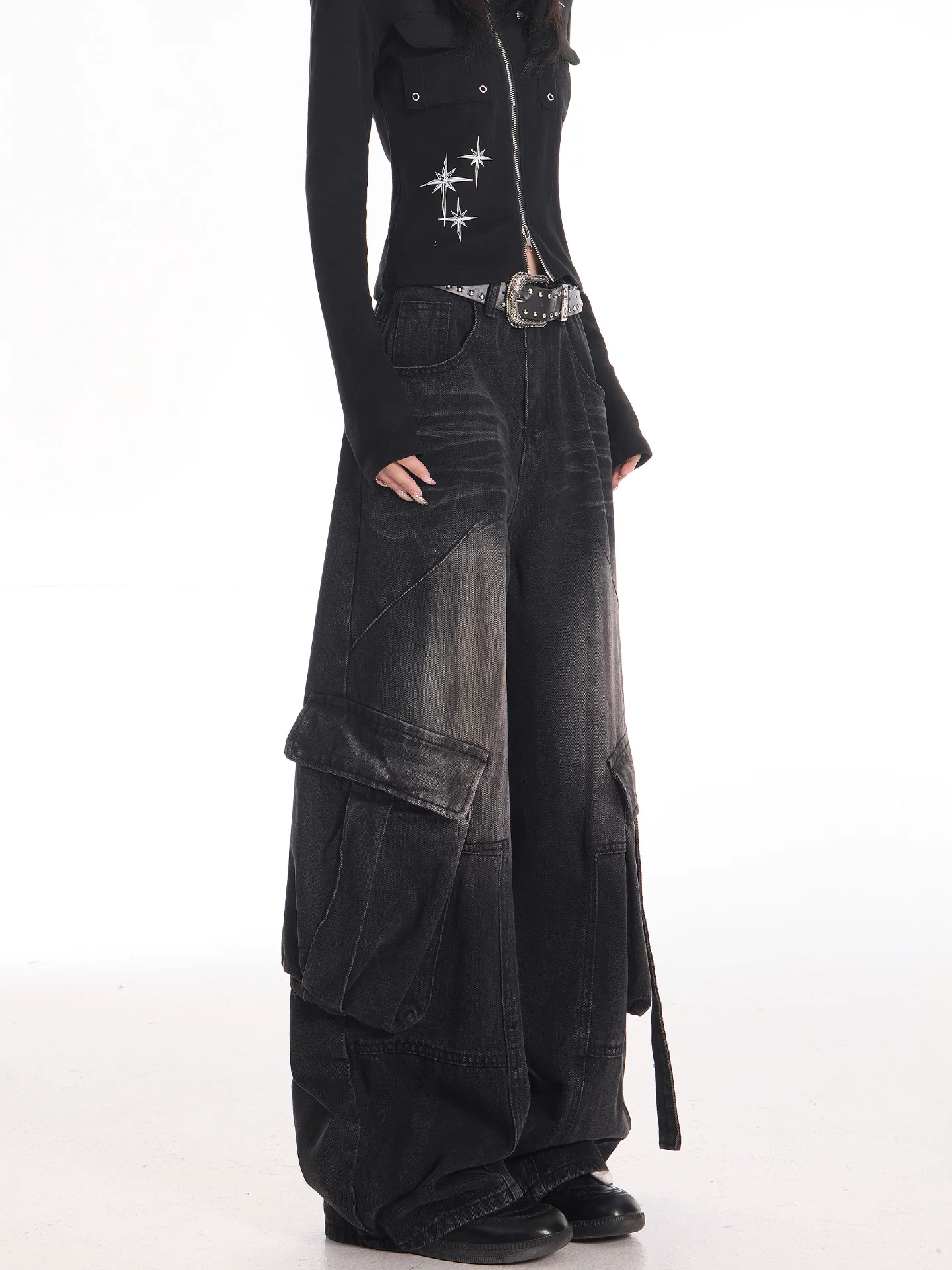 KEN STUDIO Quần jean công sở kiểu Mỹ cổ điển, bền chắc, được xử lý làm cũ dành cho nữ, quần ống rộng dáng lửng mùa thu.