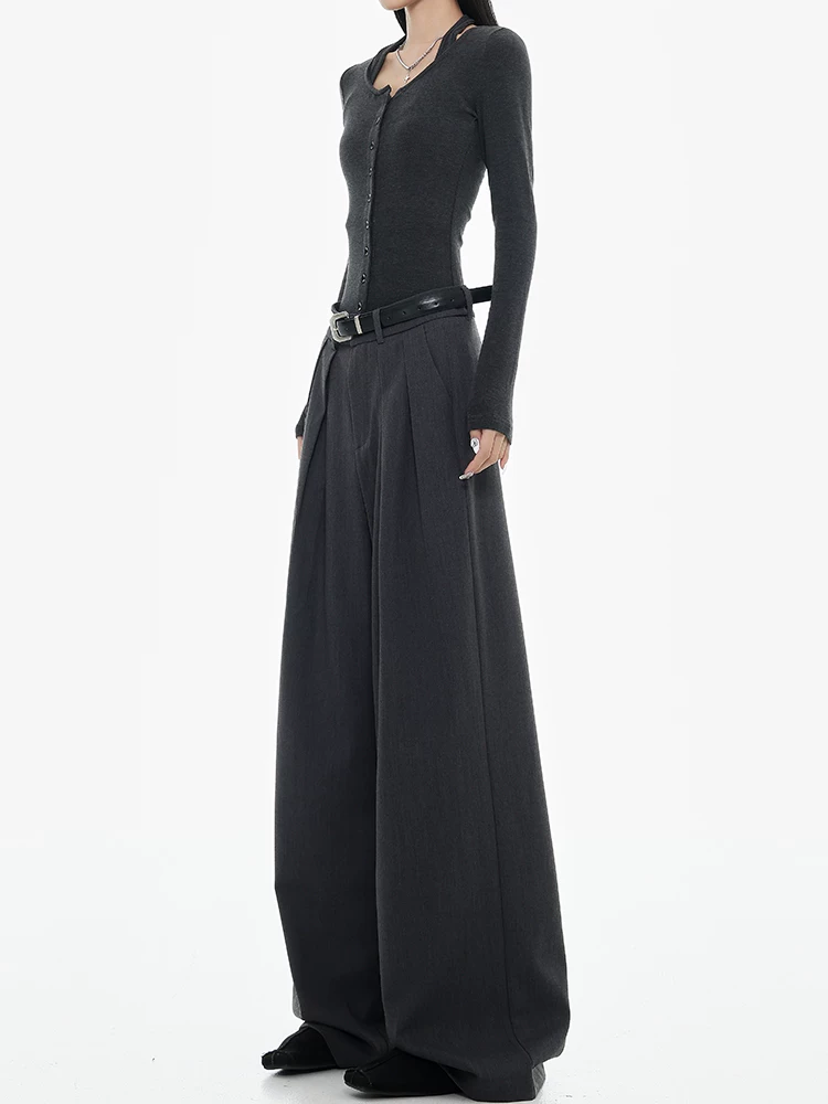 KEN STUDIO đầu mùa thu Quần âu ống rộng màu xám lưng cao kiểu Mỹ mới dành cho nữ với thiết kế xếp ly và quần dài ống thẳng