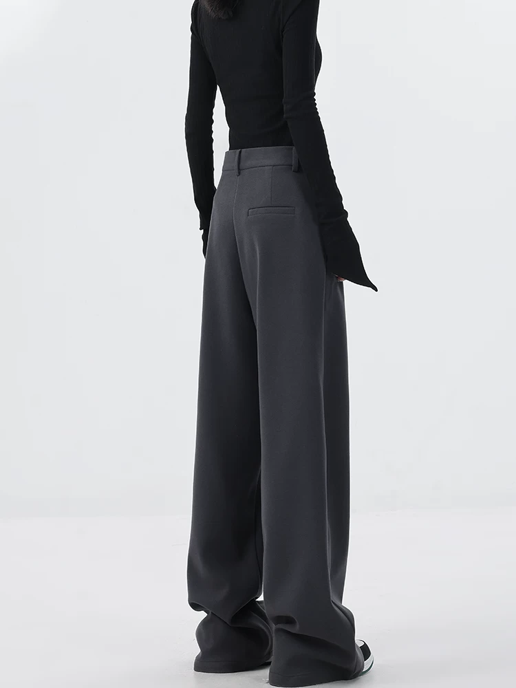 KEN STUDIO thiết kế độc đáo quần tây ống rộng bằng len mùa thu đông dành cho nữ, quần dài màu xám tôn dáng, quần dài thông thường