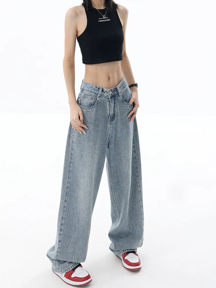 Quần jean denim xước đính đá thủ công kiểu mới xuân thu của KEN STUDIO dành cho nữ, thiết kế độc đáo, quần dài ống thẳng.