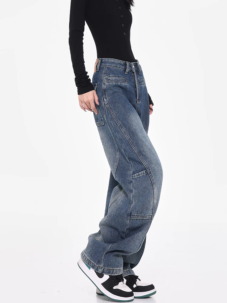 Quần jean công sở cổ điển KEN STUDIO dành cho nữ, quần ống rộng lót lông cừu mùa thu đông, quần hình lưỡi liềm, quần chuối, quần dài đến sàn