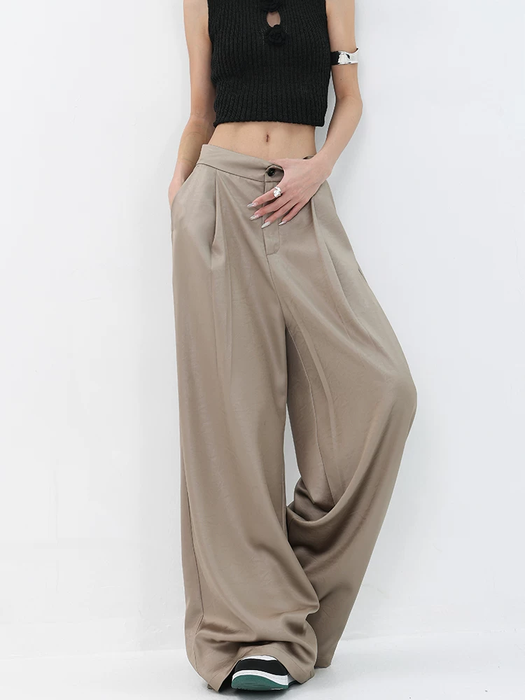 KEN STUDIO quần ống rộng dáng rộng màu sâm panh mới mùa hè dành cho nữ, quần thường ngày đa năng giúp giảm béo