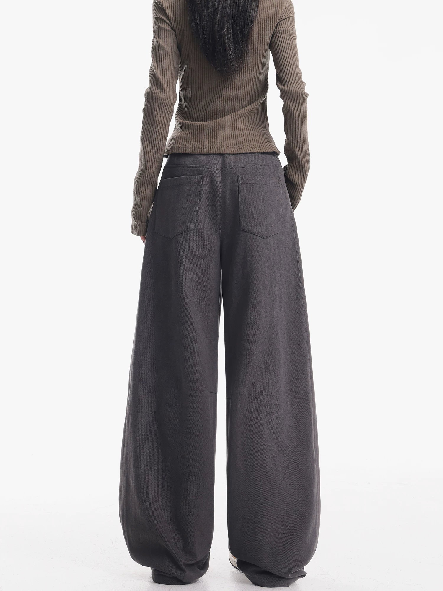 KEN STUDIO Quần ống rộng dày dặn lót lông cừu màu xám thu đông mới dành cho nữ, quần dài đa năng cạp cao