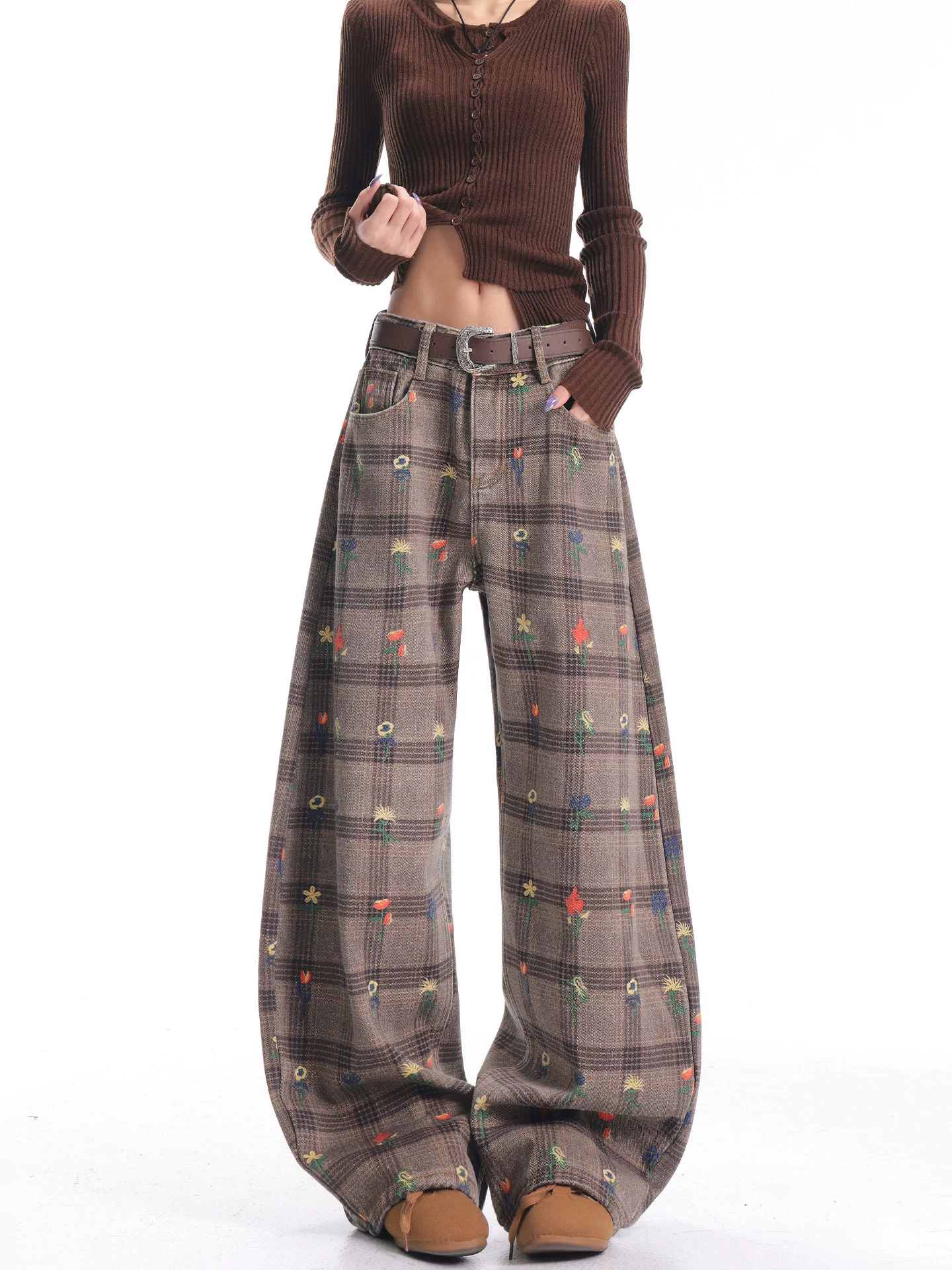 KEN STUDIO quần jean in họa tiết kẻ sọc màu cà phê mới mùa thu đông dành cho nữ, quần ống rộng lót lông dày kiểu cổ điển.