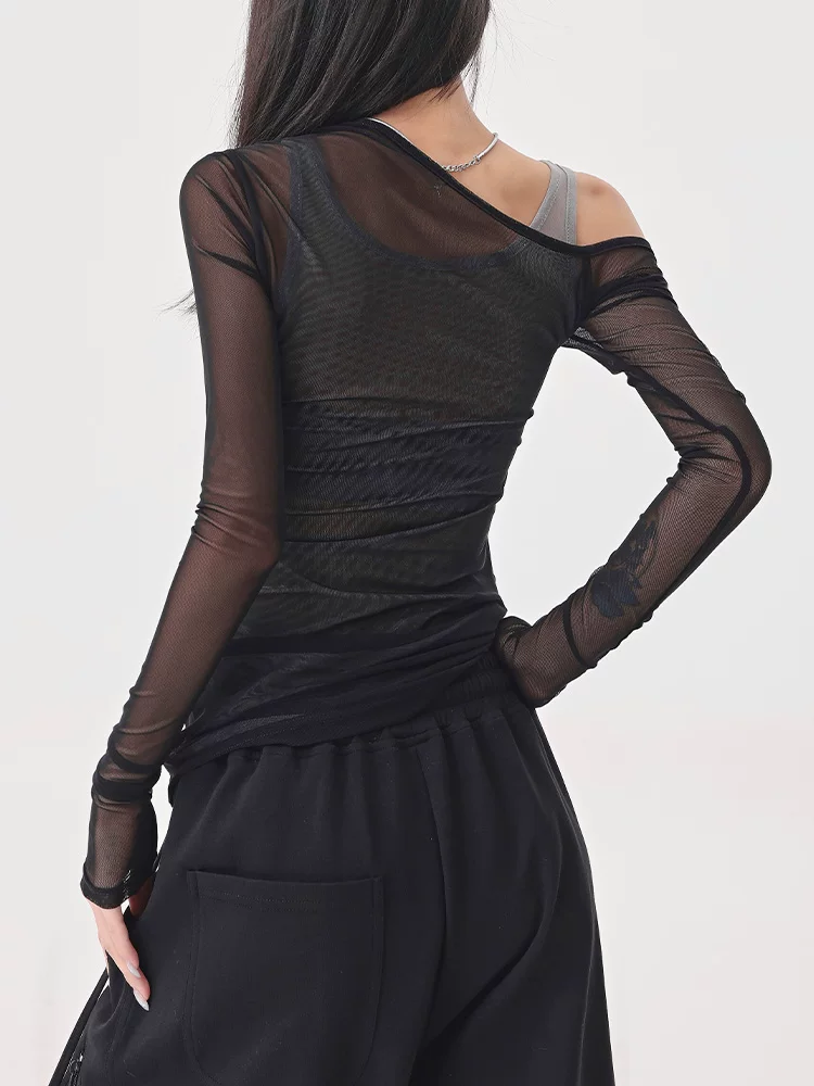 Áo thun dài tay dạng lưới giả hai mảnh màu đen của KEN STUDIO, áo che nắng vừa vặn vừa vặn