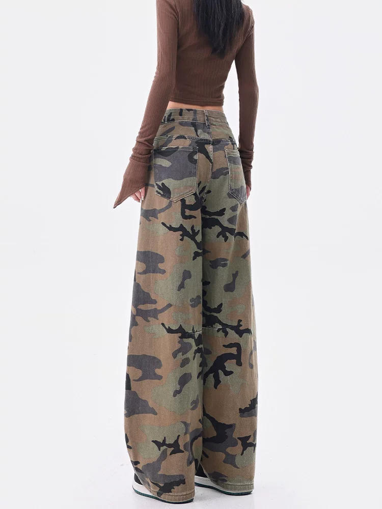 KEN STUDIO mùa hè và mùa thu mới của Mỹ quần jean ngụy trang cổ điển lưng cao dáng rộng quần ống rộng quần ống rộng quần scimitar