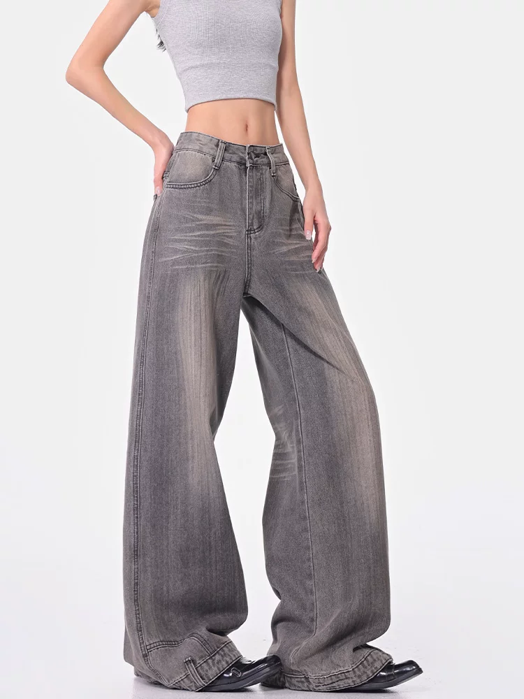 KEN STUDIO Quần jean ống rộng màu xám cổ điển mới mùa xuân thu dành cho nữ, quần dài dáng rộng dáng rộng, dáng rộng