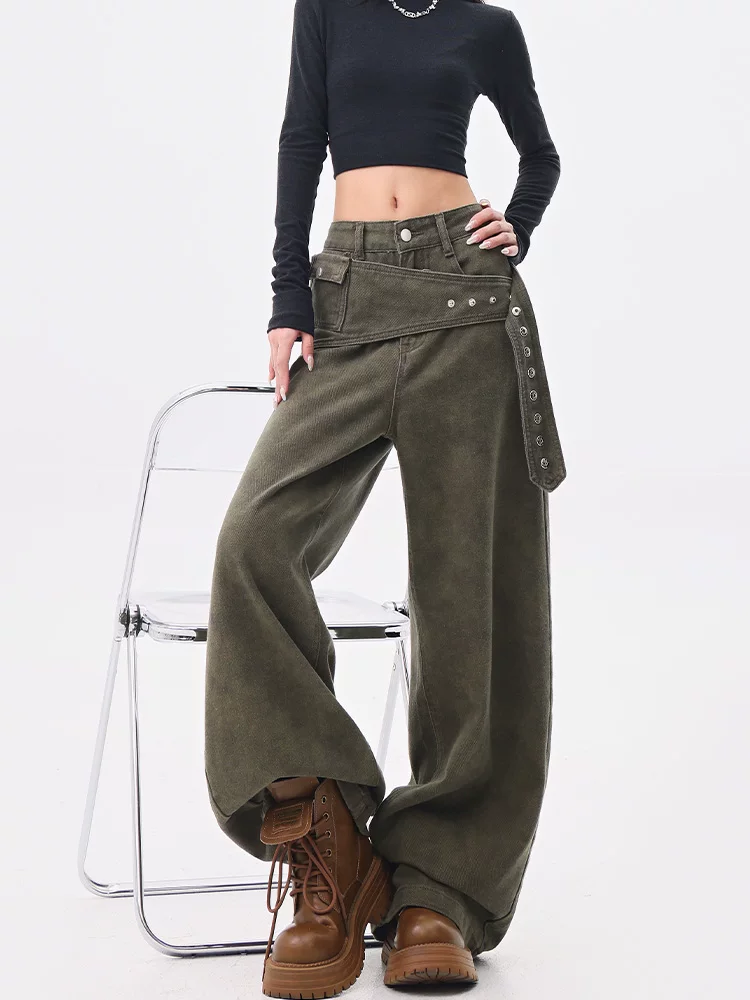 Quần denim xanh kiểu Mỹ cổ điển của KEN STUDIO dành cho nữ, phong cách xuân thu mới, bộ hai mảnh với quần ống rộng dành cho các cô gái sành điệu.