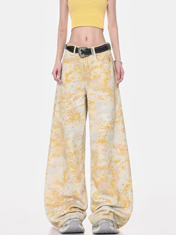 KEN STUDIO mùa hè mới quần jean in họa tiết tie-dye cổ điển dành cho nữ, quần ống rộng dài đến sàn dáng rộng giúp giảm béo