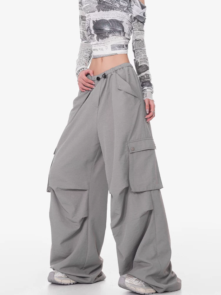 Quần cargo ống rộng màu xám KEN STUDIO dành cho nữ, quần ống đứng mỏng mùa hè, quần thể thao nhanh khô, quần lính dù