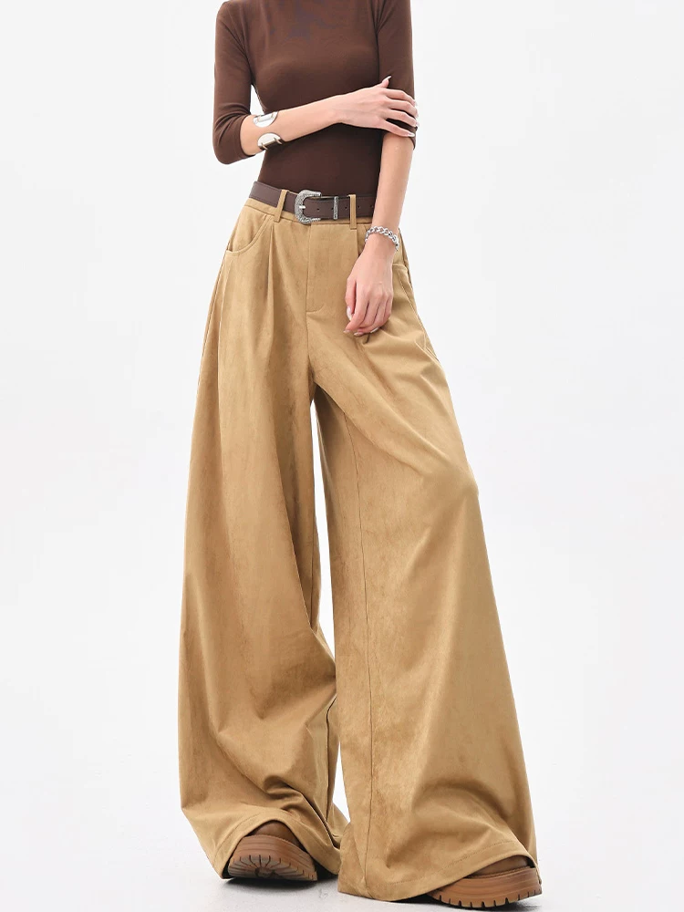 KEN STUDIO Quần tây ống rộng da lộn màu kaki mới thu đông dành cho nữ, quần cạp cao, dáng rộng, quần thường ngày giúp giảm béo