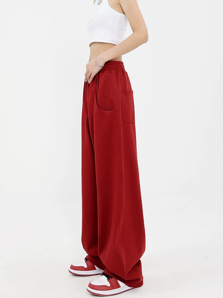 KEN STUDIO2025 Xuân Thu Quần Thể Thao Màu Đỏ Nữ Cao Cấp Quần Dáng Chuối Quần Ống Rộng Quần Âu Quần Thể Thao Quần Dài