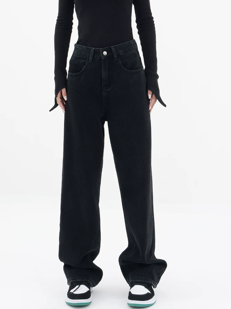 KEN STUDIO Quần jean ống rộng màu đen lót lông cừu mùa thu đông dành cho nữ, quần ống đứng cạp cao, quần dài, quần thường ngày.