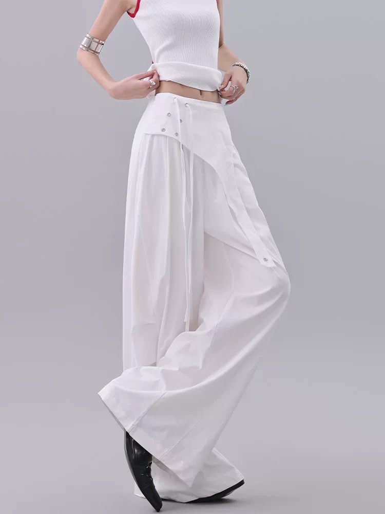 KEN STUDIO phong cách mới mùa hè thiết kế thắt nơ quần âu màu trắng dành cho nữ quần ống rộng đa năng đường phố cao cấp