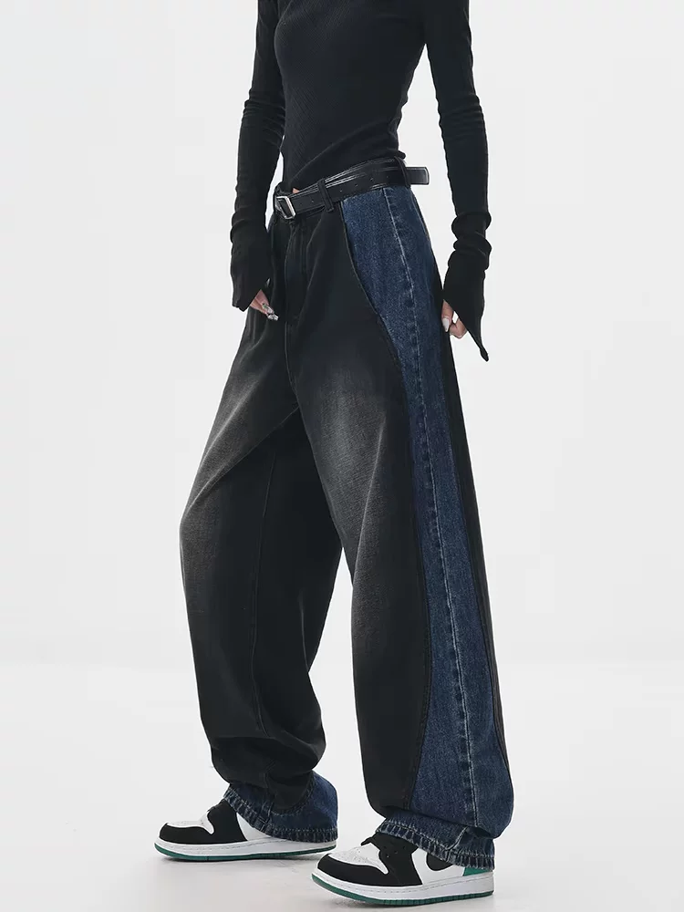 KEN STUDIO quần jean chắp vá màu sắc cổ điển mới mùa thu đông dành cho nữ, quần ống rộng cạp cao giúp thon gọn.