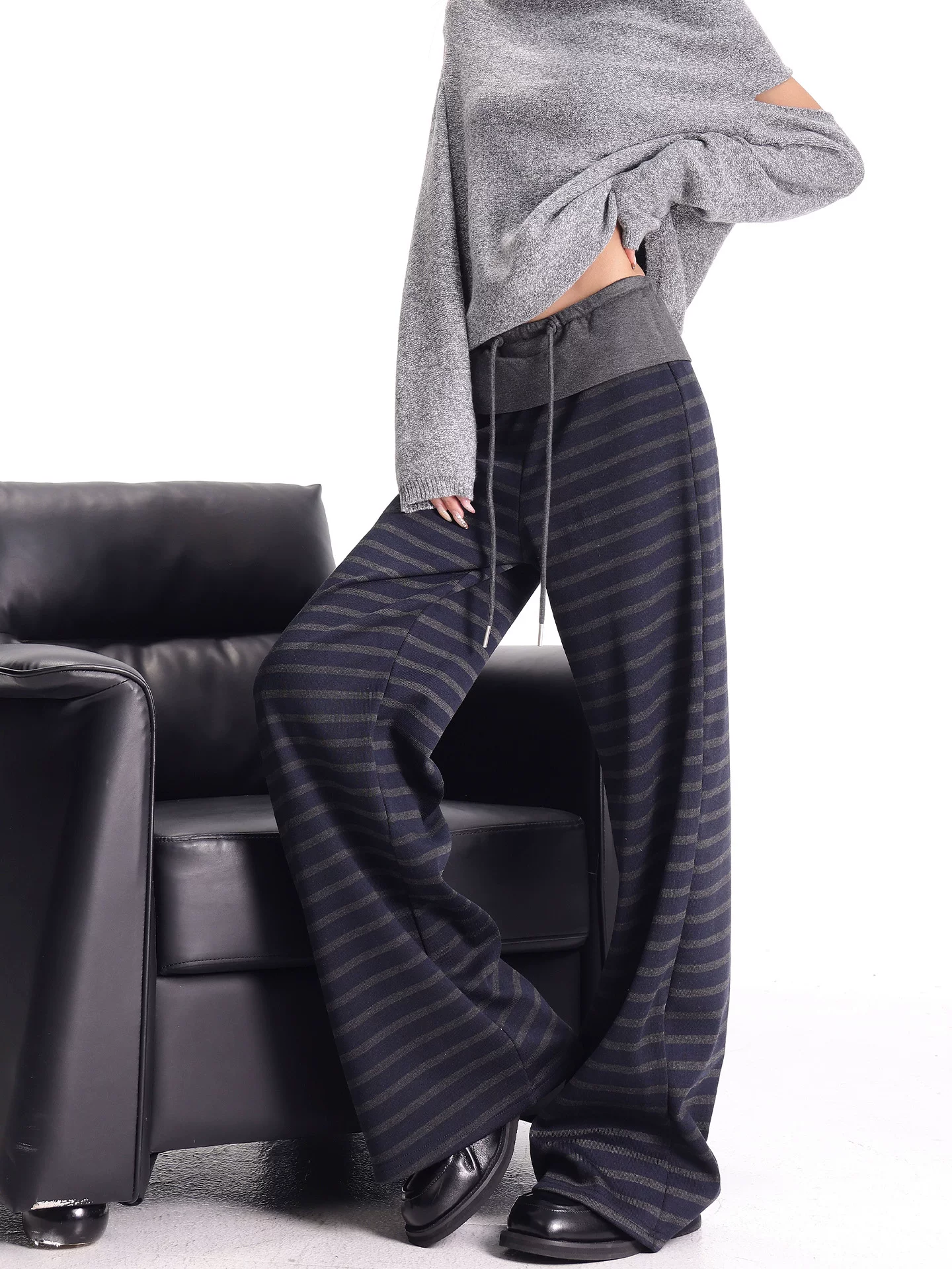 KEN STUDIO quần dài sọc giản dị phong cách thu đông mới có lót lông cừu, quần ống rộng đa năng, dáng dài, ống rộng, dài đến sàn