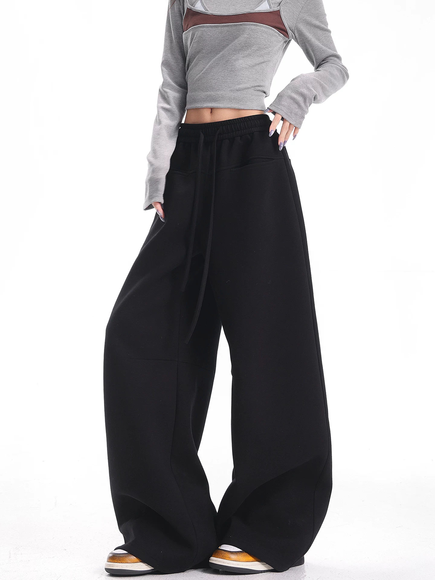 KEN STUDIO quần thể thao ống rộng màu đen dày dặn mới dành cho mùa thu đông dành cho nữ có dây rút, dáng rộng, quần thường ngày giúp thon gọn.