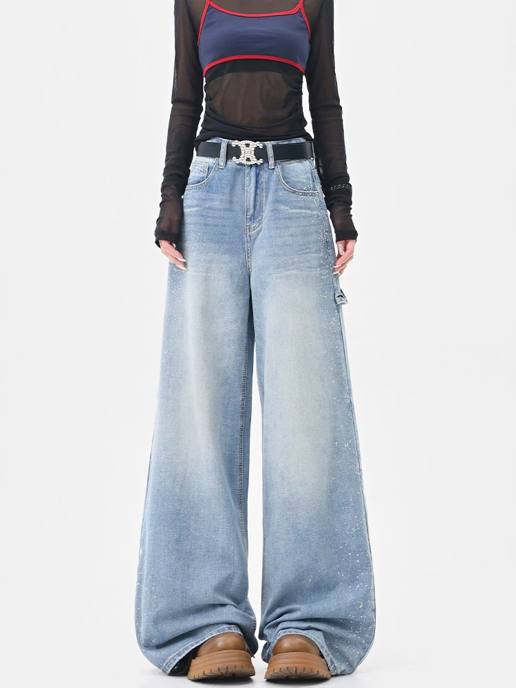 Quần jean màu xanh nhạt kiểu cổ điển của KEN STUDIO dành cho nữ, thiết kế mùa hè mới, quần ống rộng dáng rộng