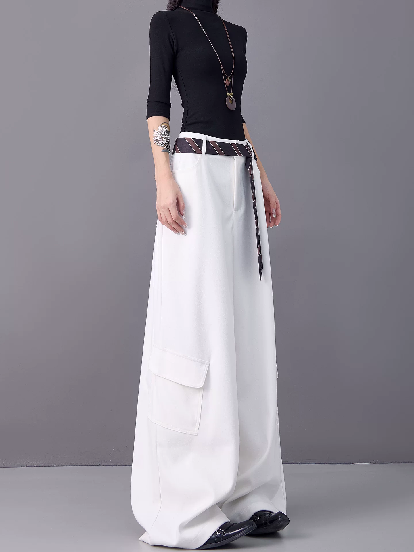 KEN STUDIO mùa thu đông mới màu trắng dày dặn quần âu thường ngày nữ lưng cao thẳng quần cargo rộng rãi quần dài