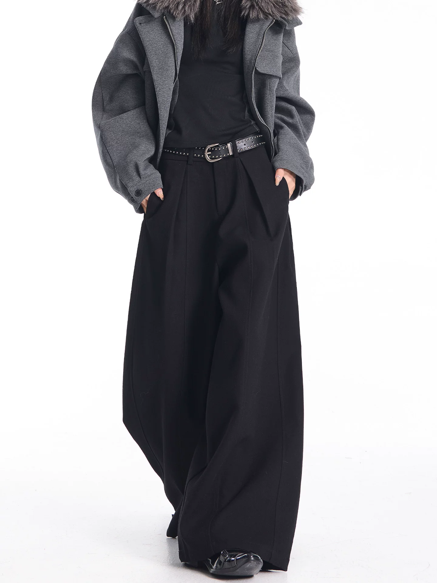 KEN STUDIO quần tây dày màu đen cổ điển mới mùa thu đông dành cho nữ, quần cạp cao, thon gọn, quần ống rộng dài chạm sàn