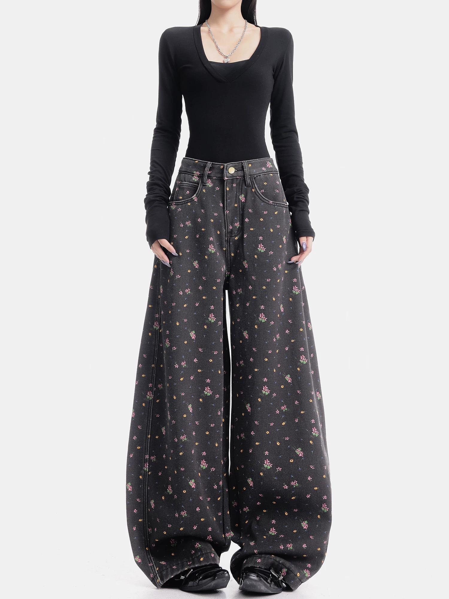 KEN STUDIO quần jean ống rộng họa tiết hoa cà phê đậm phong cách mới thu đông dành cho nữ, quần dài ống rộng dày dặn và lót lông cừu.