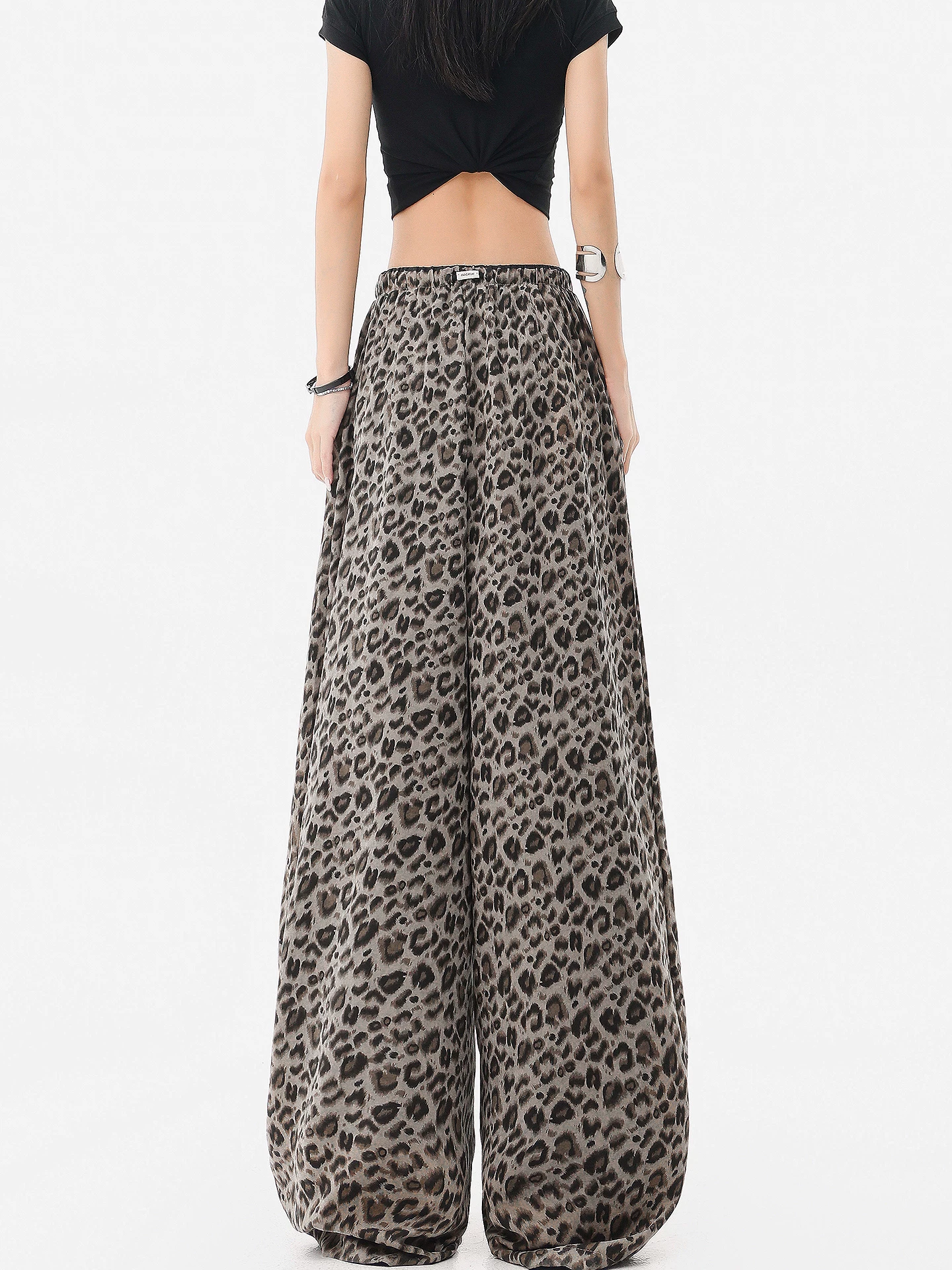 KEN STUDIO quần thường ngày in họa tiết da báo theo phong cách retro Mỹ dành cho nữ, quần cạp cao, dáng rộng, quần ống rộng giúp giảm béo.