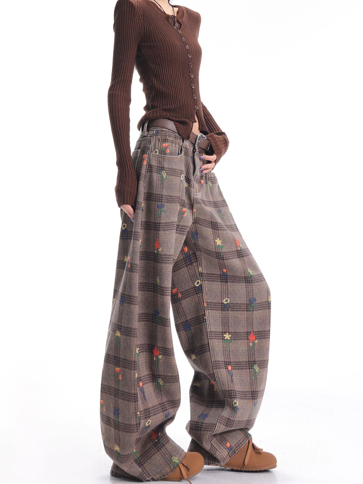 KEN STUDIO quần jean in họa tiết kẻ sọc màu cà phê mới mùa thu đông dành cho nữ, quần ống rộng lót lông dày kiểu cổ điển.