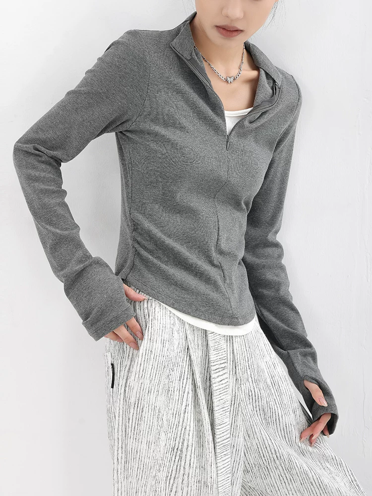 KEN STUDIO Xuân Thu Phong Cách Mới Giả Hai Mảnh Thiết Kế Độc Đáo Áo Thun Nữ Slim Fit Thể Thao Đế Áo Sơ Mi Hàng Đầu